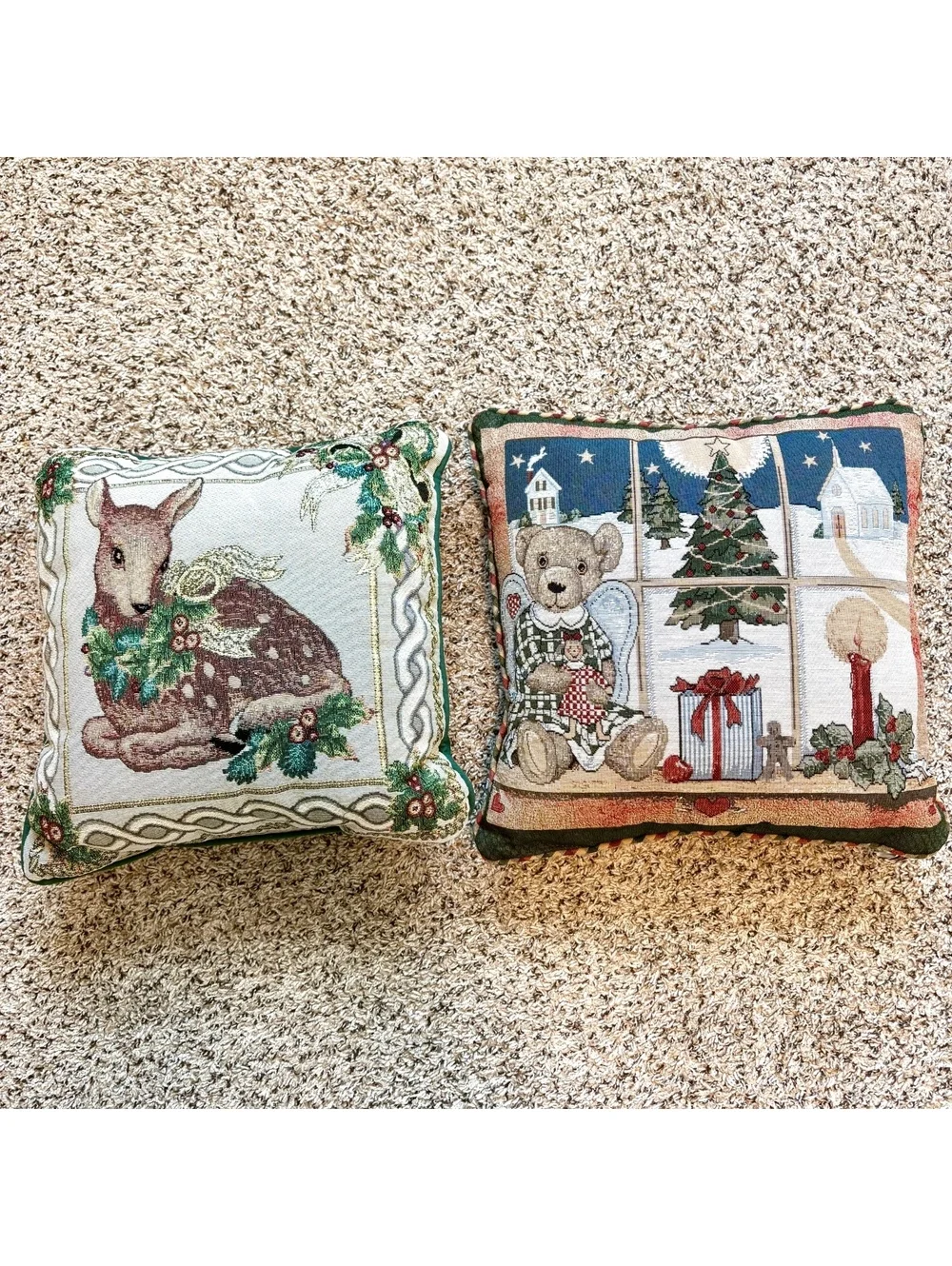 Set of 2 Vintage Christmas Tapestry Throw Pillows Deer Teddy Bear Holiday 16x16